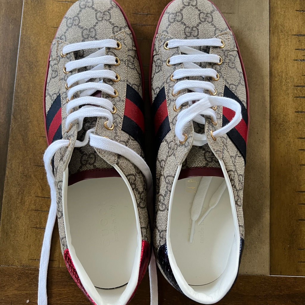 Gucci Gg Canvas Low-Top Sneakers With Red & Navy Web